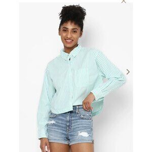 NWT AMERICAN EAGLE Top Size XL Long Sleeve Green White Striped Contrasting Cuffs